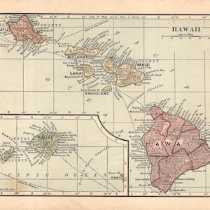 1910 Antique Hawaii Map Small Vintage Atlas Map of Hawaii Gallery Wall Decor Anniversary Gift for Wedding Birthday HAW 3320