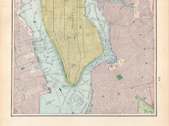 1899 Antique Manhattan City Street Map of New York City Brooklyn