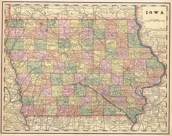1888 Antique Iowa State Map Wall Decor George Cram Atlas Map of Iowa Gift For Wedding Anniversary Birthday 4101