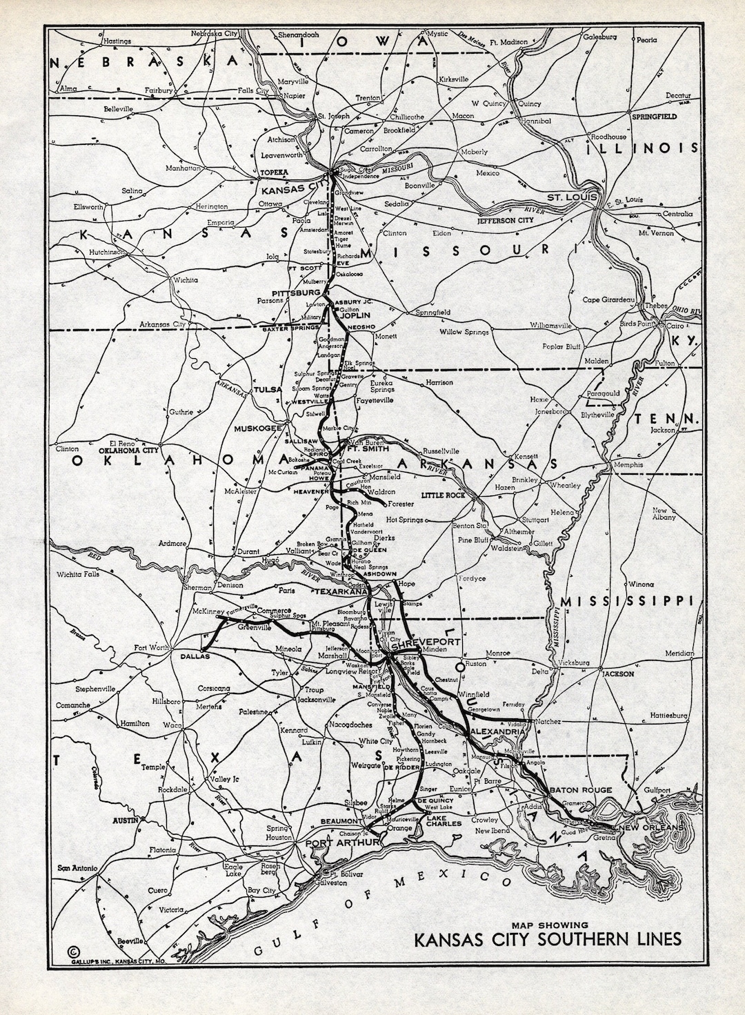 1940 Antique KANSAS CITY SOUTHERN Railroad Map Wall Art Birthday Gift
