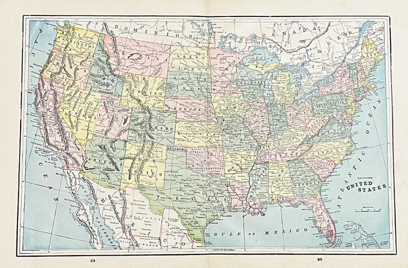 1895 Antique UNITED STATES Map of the Usa Map George Cram Atlas Map ...