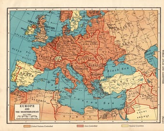 1942 Antique Wartime Europe Map Vintage Map of Europe The Mediterranean Sea Map Occupation War Map 4098