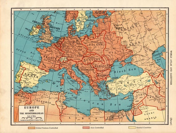 1942年 戦時中のヨーロッパ地図 ヨーロッパのヴィンテージ地図 地中海
