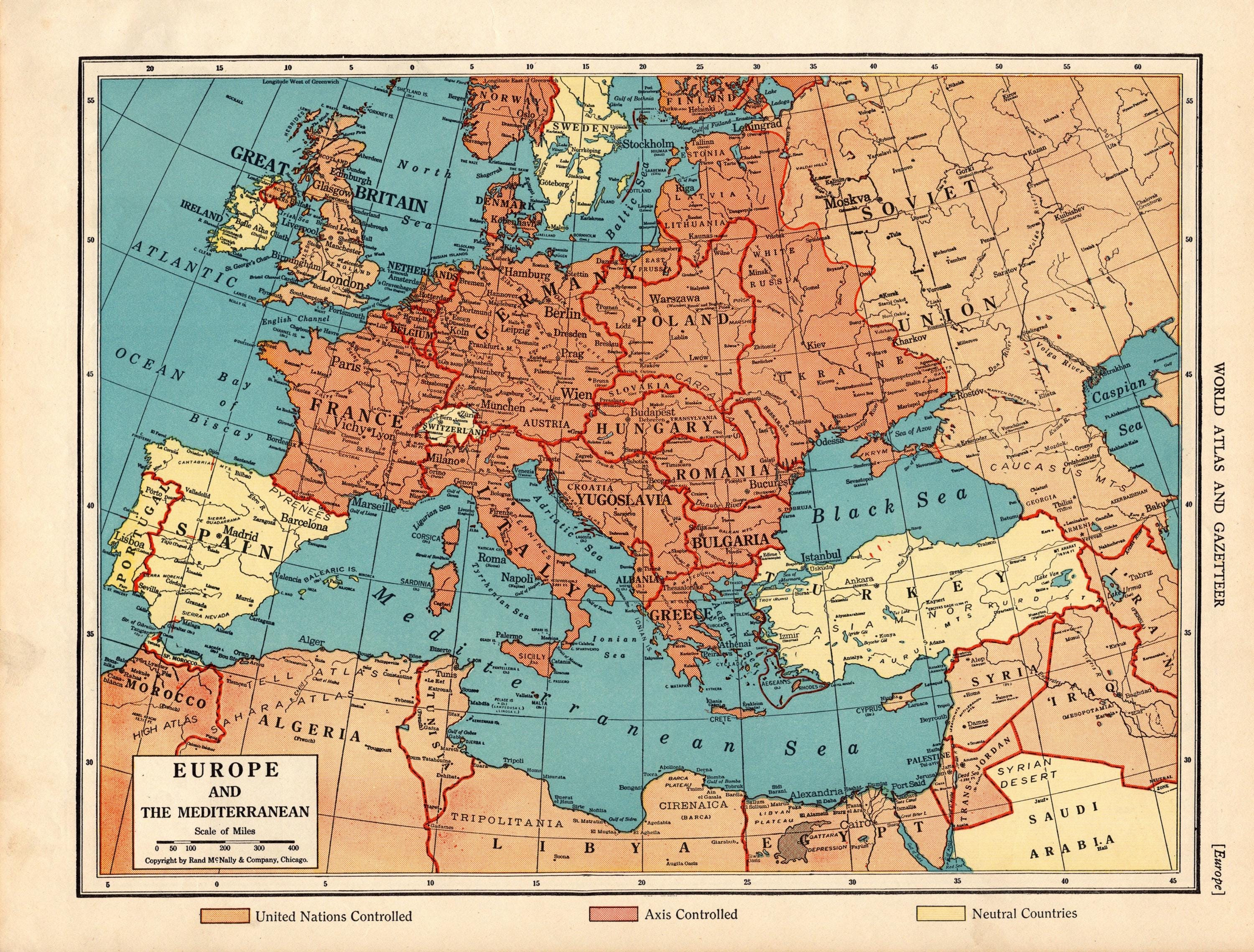 1942年 戦時中のヨーロッパ地図 ヨーロッパのヴィンテージ地図 地中海