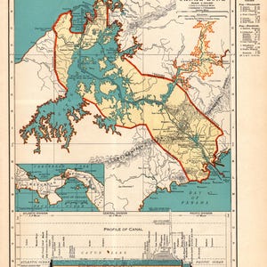 Carte du canal de Panama antique 1941, carte de la zone du canal des années 40, carte de voyage, galerie, décoration murale, cadeau d'anniversaire pour un anniversaire de mariage