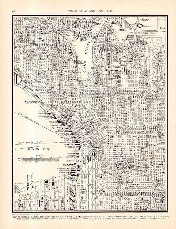 Vintage SEATTLE Washington City Map 1938 Map of Seattle Street Map Black and White Wall Home Decor  Gift For Wedding Birthday 3668