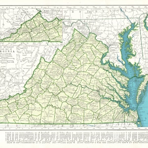 1942 Antique VIRGINIA State Map Vintage Map of Virginia Wall Art Gift for Traveler Birthday Wedding Anniversary 13412