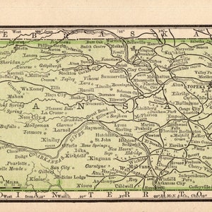 Petite carte de l'état du KANSAS du Kansas de 1888, galerie de cartes, décoration murale MINIATURE carte du Kansas, cadeau d'anniversaire pour mariage 2172