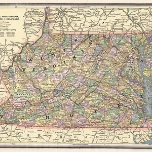 1888 Antique Virginia and West Virginia State Map Wall Decor George Cram Atlas Map Housewarming Gift For Wedding Birthday Anniversary 2137