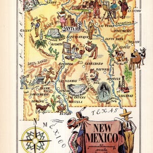 Puede incluir: Mapa ilustrado vintage de Nuevo México, con representaciones coloridas de lugares emblemáticos, personas e industrias. El mapa incluye el texto "New Mexico" y una escala en millas, con una rosa de los vientos en la esquina inferior izquierda.