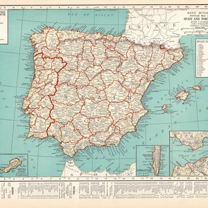 Carte vintage 1936 de l'ESPAGNE, carte de l'Espagne et du Portugal, galerie d'art mural, cadeau pour voyageur, anniversaire de mariage, anniversaire 3174