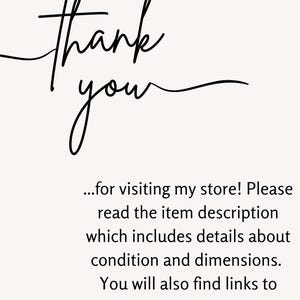 May include: A cream-coloured graphic with the words "Thank You" in elegant black script. Below, additional text invites visitors to read the item description for details on condition, dimensions, and links to collections and coupon codes.
