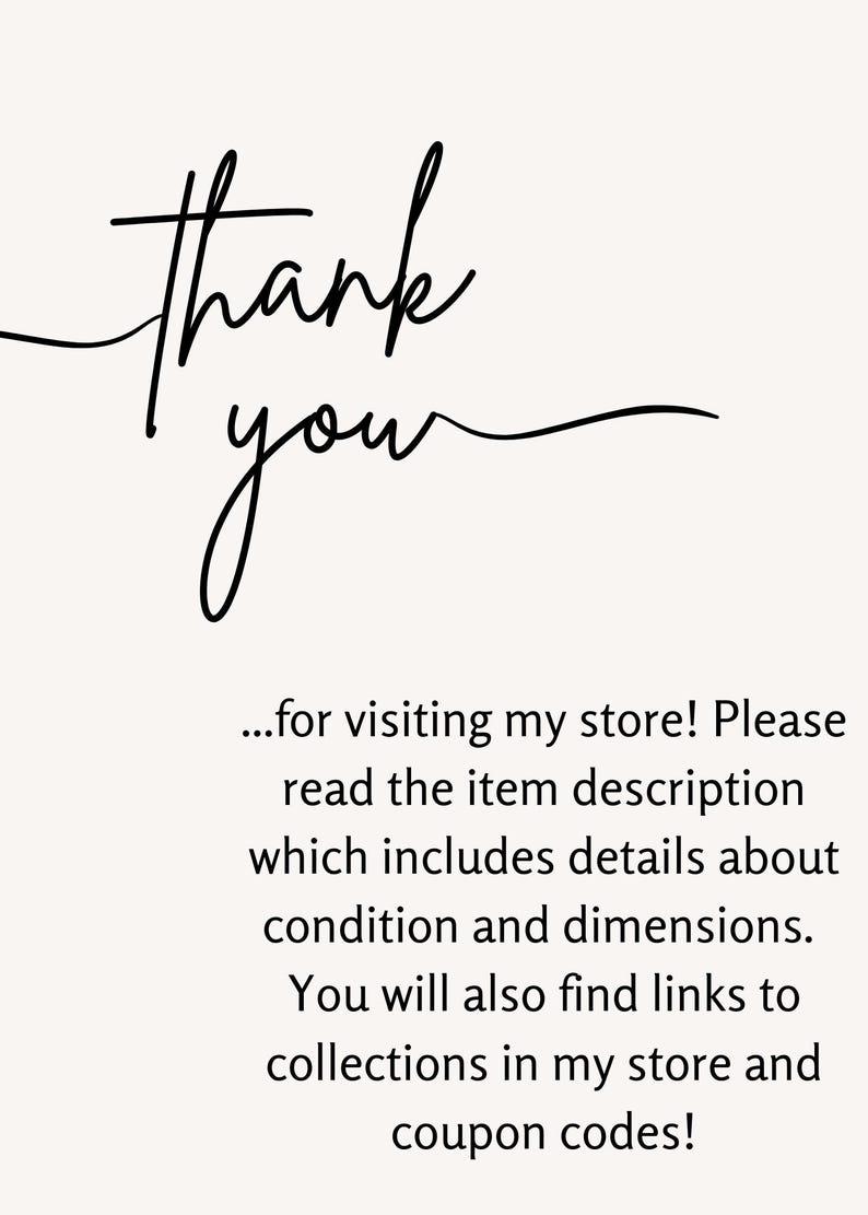 May include: A cream-coloured graphic with the words "Thank You" in elegant black script. Below, additional text invites visitors to read the item description for details on condition, dimensions, and links to collections and coupon codes.