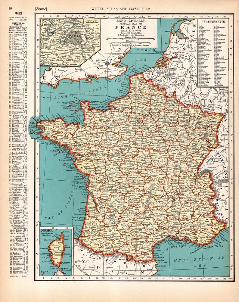 1938 Vintage France Map Wall Decor France Atlas Map Home Decor ...