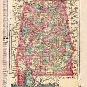 Ancienne carte de l'État de l'ALABAMA, 1903, George Cram, carte de l'Atlas de l'Alabama, art mural, décoration d'intérieur, cadeau pour un anniversaire de mariage, 3099