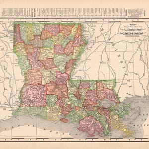 Ancienne carte de l'état de la Louisiane de la Louisiane, 1907, décoration murale de la galerie de la Louisiane, cadeau de pendaison de crémaillère, Louisiane pour un anniversaire de mariage, 3168