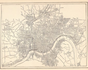 1920 Antique CINCINNATI City Map of Cincinnati Ohio Street Map Wall Art Black and White Map Anniversary Gift for Wedding Birthday 1605