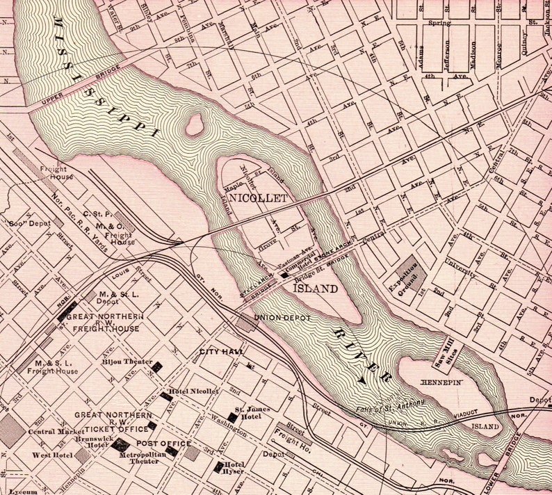 1901 Antique MINNEAPOLIS Street Map of Minneapolis City Map Gallery Wall Art Wedding Gift for Birthday Travel Graduation 11643