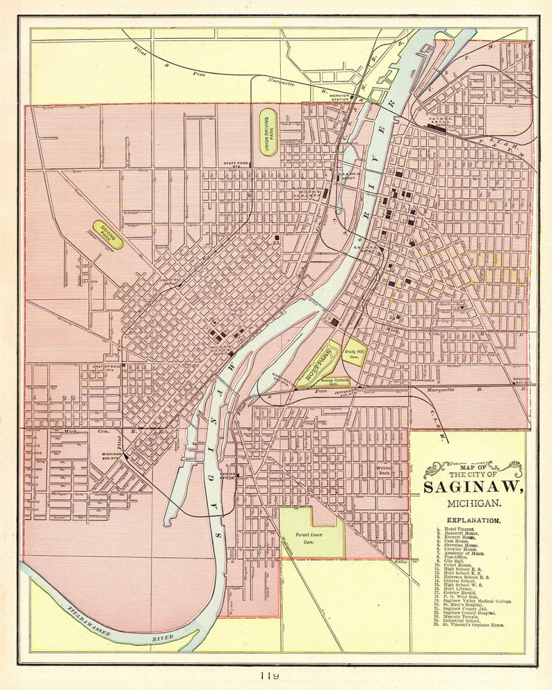1900 Antique SAGINAW Michigan Street Map City Map of Saginaw Etsy