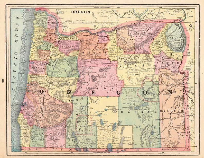 1892 Antique OREGON MAP Cram Atlas Map of Oregon Wall Etsy