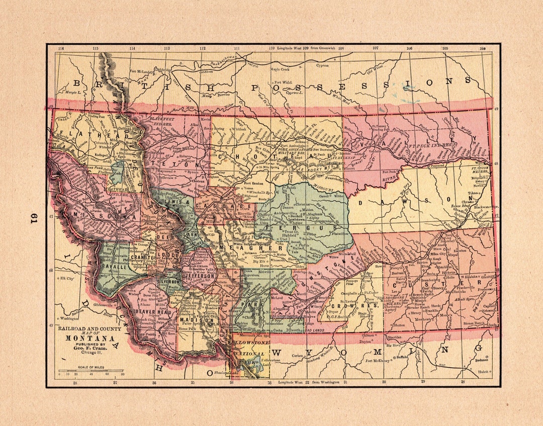 1895 Antique MONTANA State Map George Cram Map of Montana Gallery Wall ...