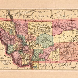 1895 Antique MONTANA State Map George Cram Map of Montana Gallery Wall Home Decor Anniversary Gift For Teacher Birthday Wedding 2557