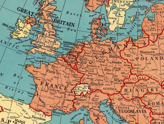 1942年 戦時中のヨーロッパ地図 ヨーロッパのヴィンテージ地図 地中海