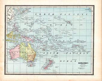 1888 Antique OCEANIA Map George Cram Pacific Islands Map Polynesia Map Beach Decor Wall Art  Anniversary Gift For Wedding Honeymoon 3734