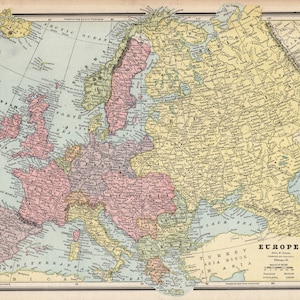 1888 Antique Europe Map George Cram Atlas Map of Europe Gallery Wall Decor Gift for Historian Anniversary Wedding 2521