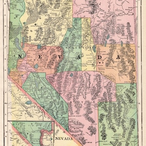 Ancienne carte de l'état du Nevada, 1903, George Cram, carte de l'Atlas du Nevada, galerie, décoration murale, bibliothèque, cadeau d'anniversaire pour mariage, 3098