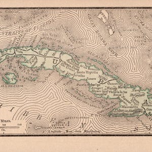 1888 Tiny CUBA Map Antique Miniature Map of Cuba Gallery Wall Decor Honeymoon Gift for Anniversary Wedding Birthday 3703