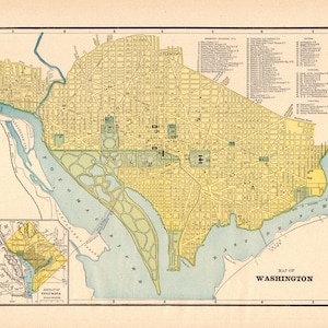 Carte des rues de WASHINGTON DC antique de 1894, George Cram, carte de la ville d'Atlas de Washington DC, cadeau de décoration murale pour l'anniversaire de l'obtention du diplôme, mariage 2668