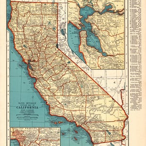 Ancienne carte de l'état de la Californie des années 1940, carte vintage de la Californie, décoration murale de la galerie, cadeau de pendaison de crémaillère pour un anniversaire de mariage 3235