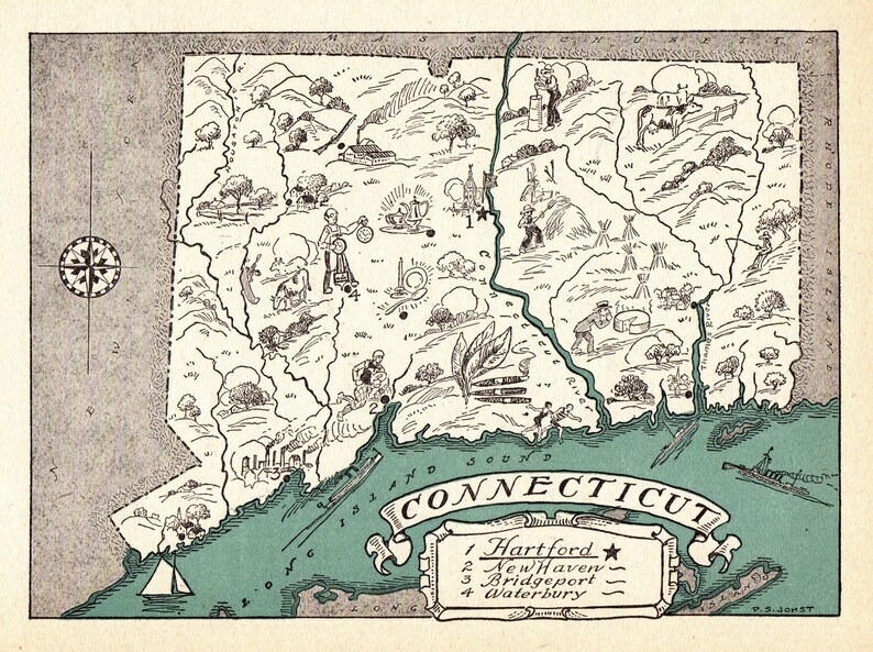 1930s Antique Animated Connecticut State Map Blue Cartoon Map Wall Art Housewarming Gift for Anniversary Wedding Birthday 10551
