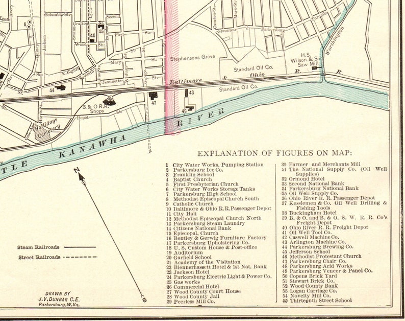 1891 Antique Parkersburg West Virginia Street Map George Cram City Map of Parkersburg Gift For Housewarming Wedding Birthday 11375