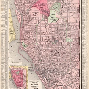 Ancienne carte de New York de Buffalo, décoration murale de Buffalo vintage 1895, carte de la ville de Buffalo, cadeau pour voyageur, anniversaire, anniversaire de mariage, 3177