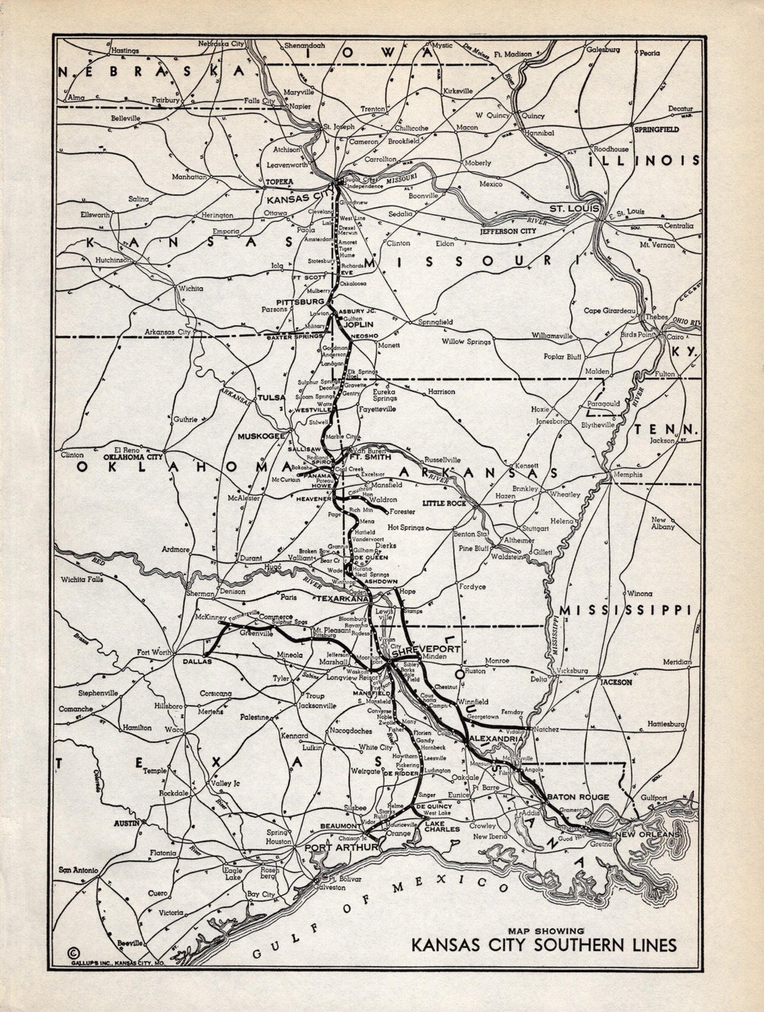 1941 Antique KANSAS CITY SOUTHERN Railroad Map Railway Map Wall