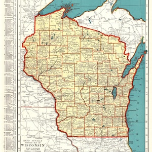 1939 Antique WISCONSIN State Map Vintage Map of Wisconsin Gallery Wall Decor Anniversary Gift For Birthday Wedding Graduation 2865