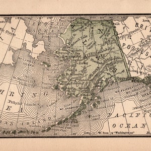 Ancienne petite carte de l'état de l'Alaska de 1888, vintage, carte MINIATURE de l'Alaska, décoration murale, cadeau de l'Alaska, 1715