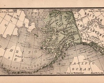 1888 Tiny Antique Alaska State Map Vintage MINIATURE Map of Alaska Gallery Wall Decor Alaska Gift  1715