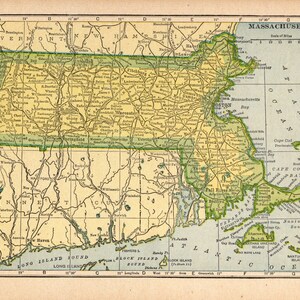 Ancienne carte de l'état du MASSACHUSETTS de 1910, petite carte vintage du Massachusetts, décoration murale, cadeau HAW 2366