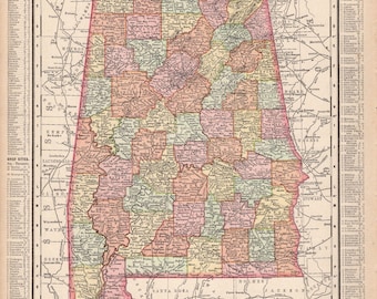 1901 Antique ALABAMA State Map Vintage Atlas Map of Alabama Gallery Wall Home Decor Gift For Birthday Wedding Anniversary 3130