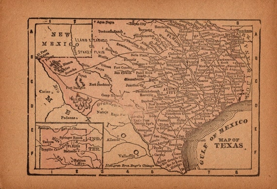 1888 Tiny TEXAS State Map Antique Miniature Size Map of Texas Gallery Wall  Decor Gift for Friend Birthday 2227 