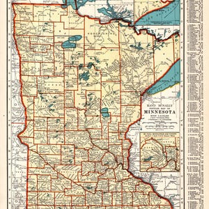 May include: A vintage map of Minnesota from the World Atlas and Gazetteer. The map features a detailed depiction of the state's counties, cities, and waterways, with a key on the right. The map is printed in shades of beige, brown, and blue.