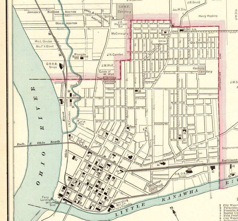 1891 Antique Parkersburg West Virginia Street Map George Cram City Map of Parkersburg Gift For Housewarming Wedding Birthday 11375