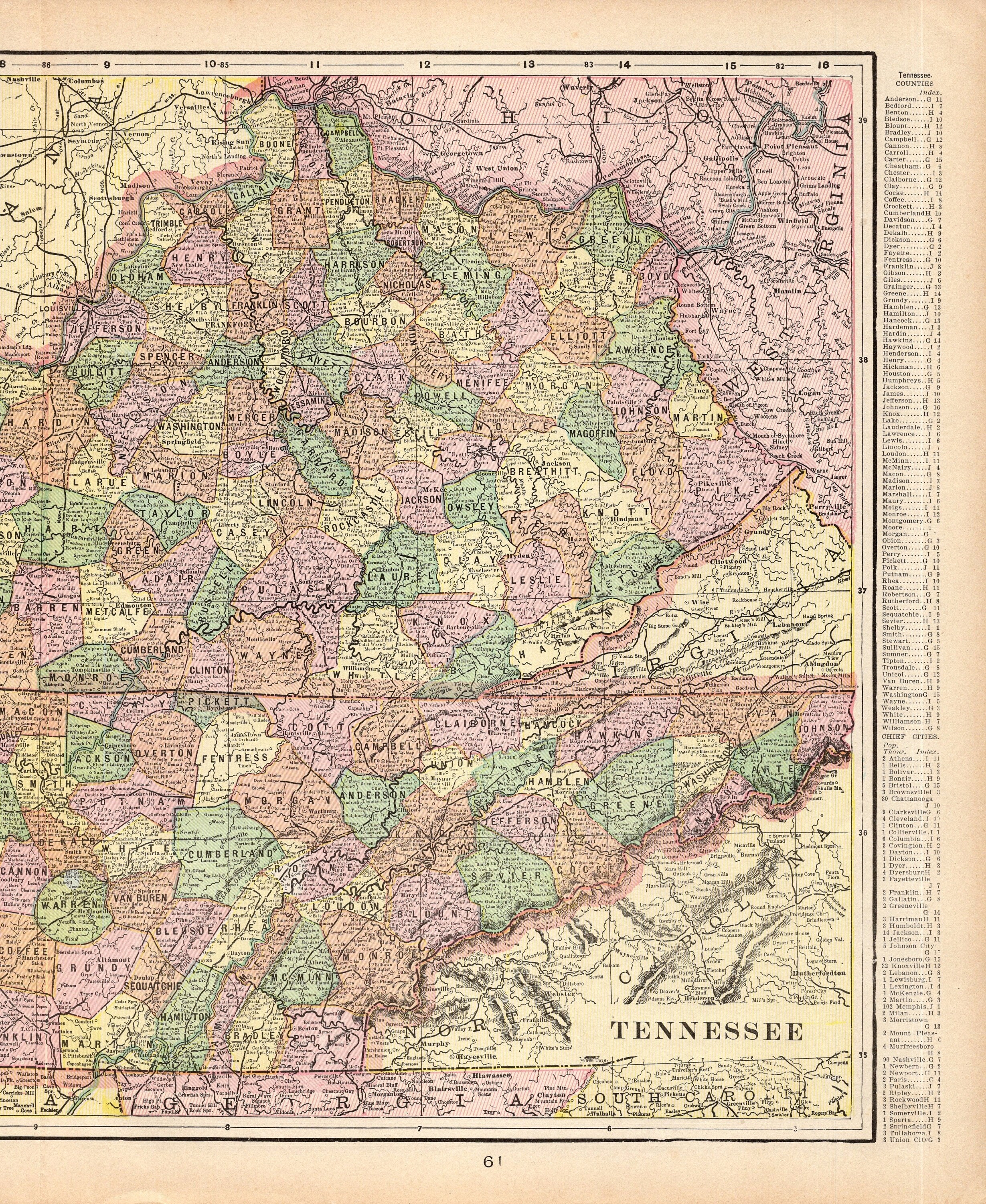 1901 Antique Tennessee and Kentucky Map Gallery Wall Decor George