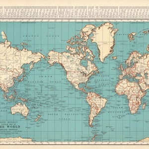Vintage Karte der Welt 1936 Antike Weltkarte Bibliothek Dekor Geschenk für Reisenden Geburtstag Hochzeit 3139
