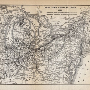 1914 Antique New York Central Railway System Map New York Central Railroad Map Birthday Gift for Dad Anniversary 2484