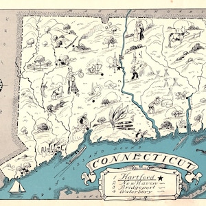 Rare Connecticut Picture Map Wall Art Decor 1930s Connecticut Blue Cartoon Map Housewarming Gift for Anniversary Wedding Birthday 1851