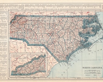 Antik karta över North Carolina från 1921, vintagekarta över North Carolina, väggdekor, inflyttningspresent till födelsedag och bröllop, 4026